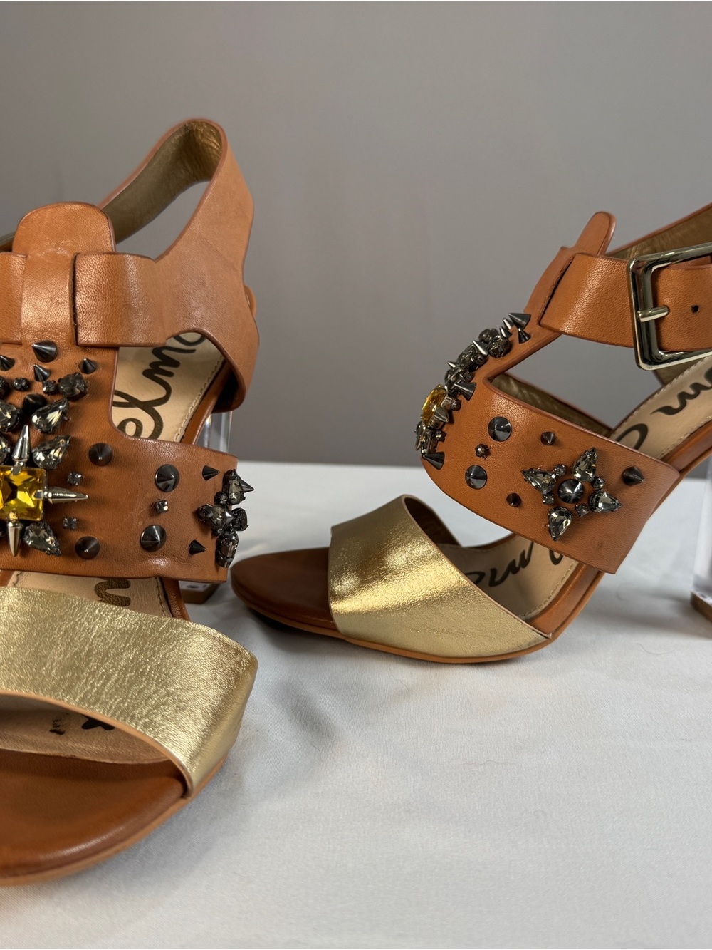 Sam Edelman Tan and Gold Block Heel Sandals with Jeweled Accents - Picture 7 of 7